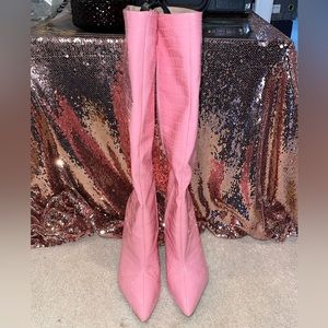 Pink snake skin knee high boots